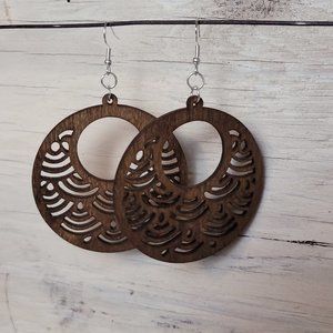 Wood Earrings - Light Brown Round Waves